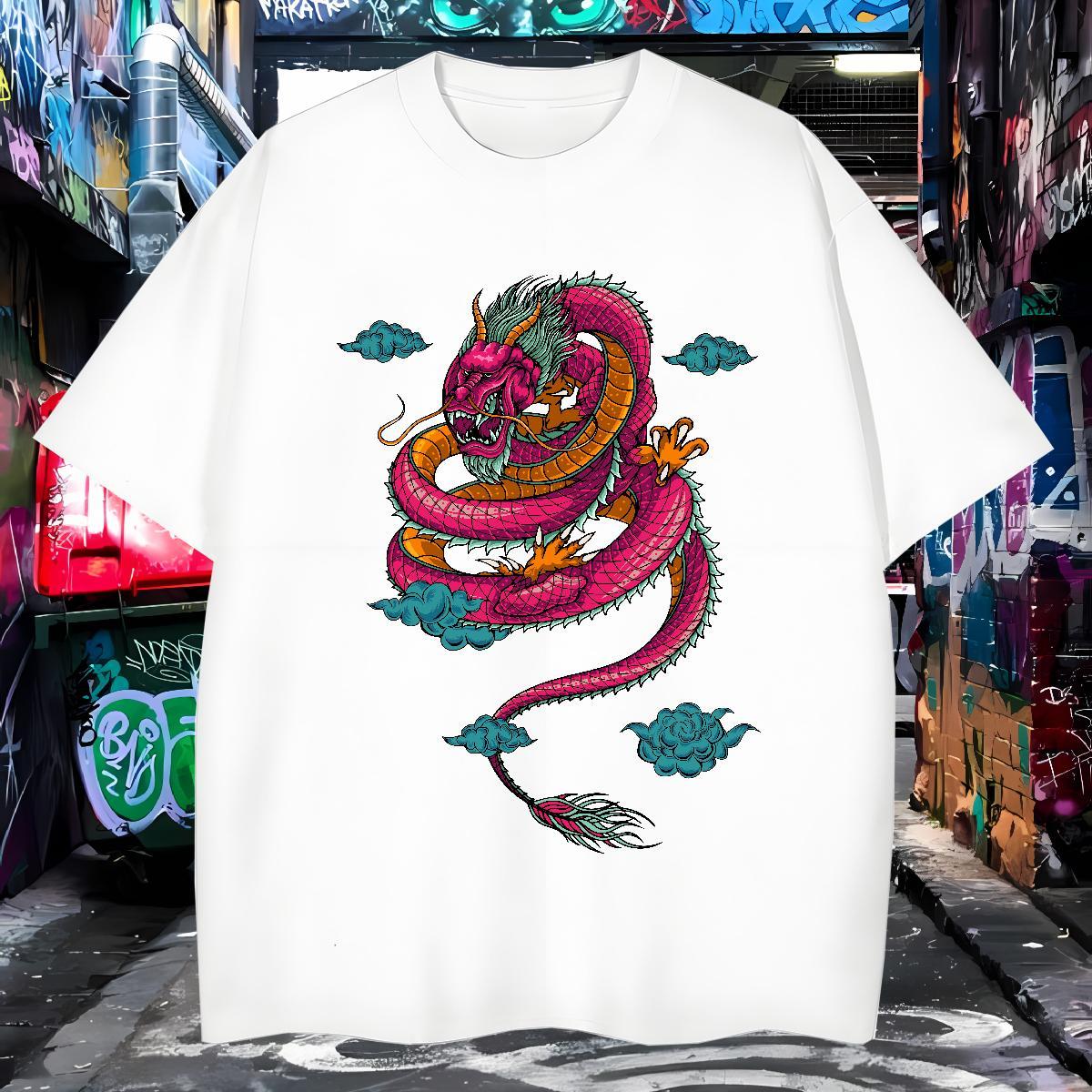 Loose dragon T-Shirts Hip Hop Street Men Tops Tees 230g Cotton Custom Breathable Crew Neck Floral Print Top Tees