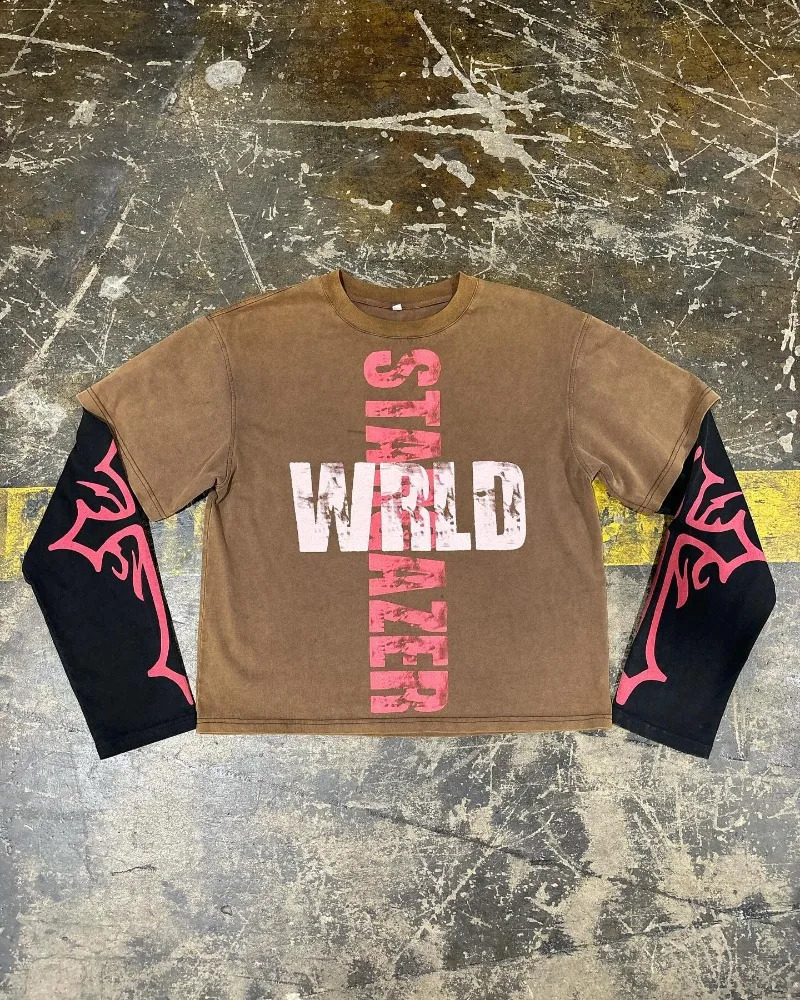 Y2K letter cross print twopiece n oversized tshirt for men style 2000 vintage casual versatile harajuku top 240819