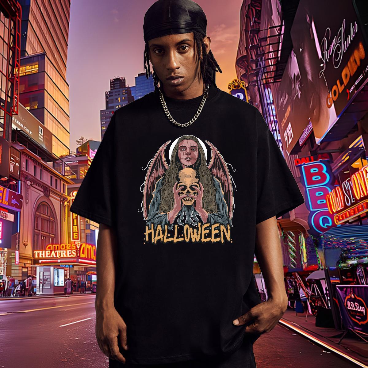 Brand T Shirts Men halloween Short Sleeve Soft Anime Printing Street Black White 230g 100% Cotton Men Tees Fashion New Tops Tees