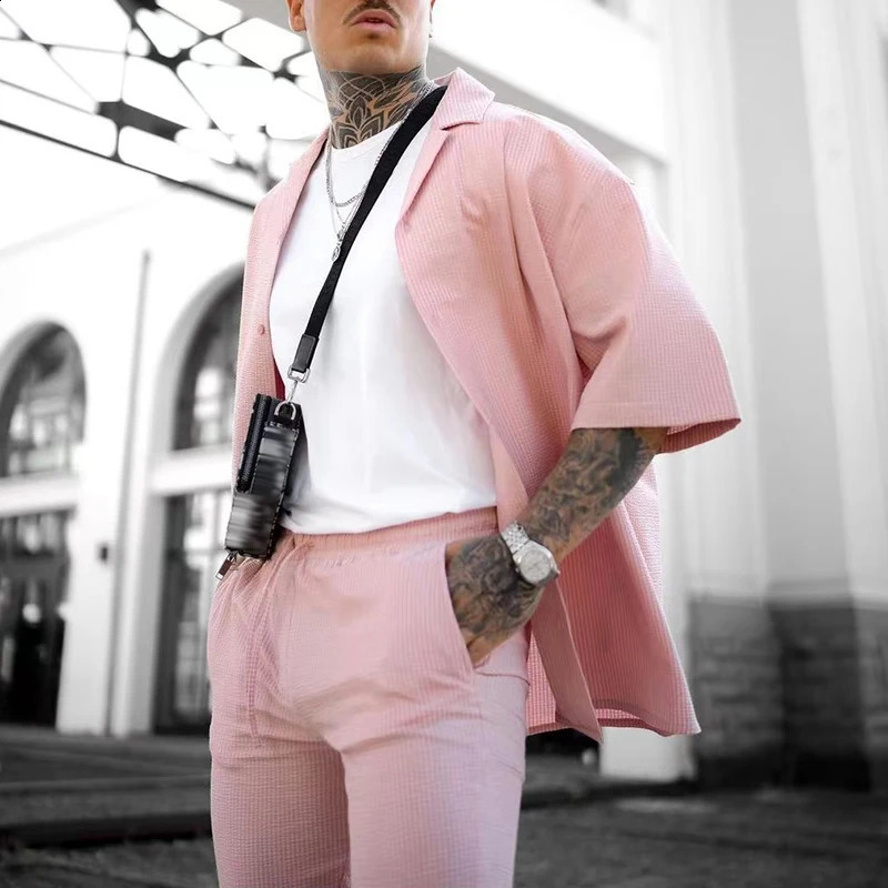 Summer Mens Hip Hop Outfits Short Sleeve Lapel Cardigans And Solid Color Pants Two Piece Suits Men Streetwear Fashion Pink Sets 240819
