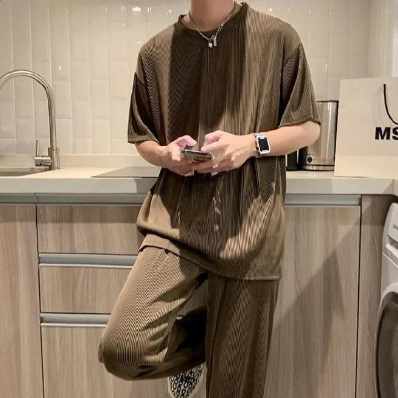 Summer Ice Silk Short-sleeved T-shirts Trousers Suit Mens Loose Large Size Two Piece Long Pants Shirts Suit Male Sports Suits 240821