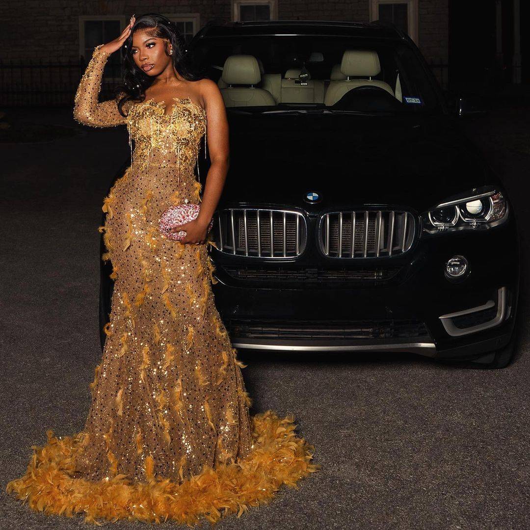 Sexy Prom Dress Luxury Shine Feather Evening Dress Floor-Length Sequins Bridal Gown Custom Made Long Sleeve Plus Size Customized vestido de novia L241
