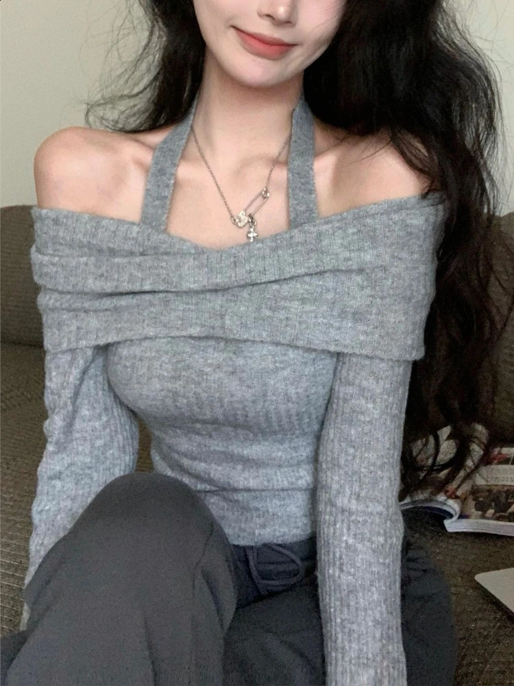 Winter Y2k retro knitted floral womens slanted neck elegant and sexy chic sweater fashionable pure thin casual top 240821