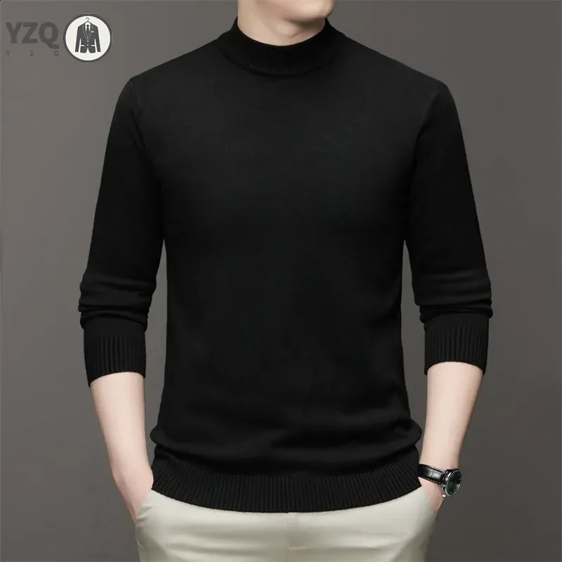 Mens semi high neck long sleeved solid color sweater soft warm and comfortable with a base at the top 240821