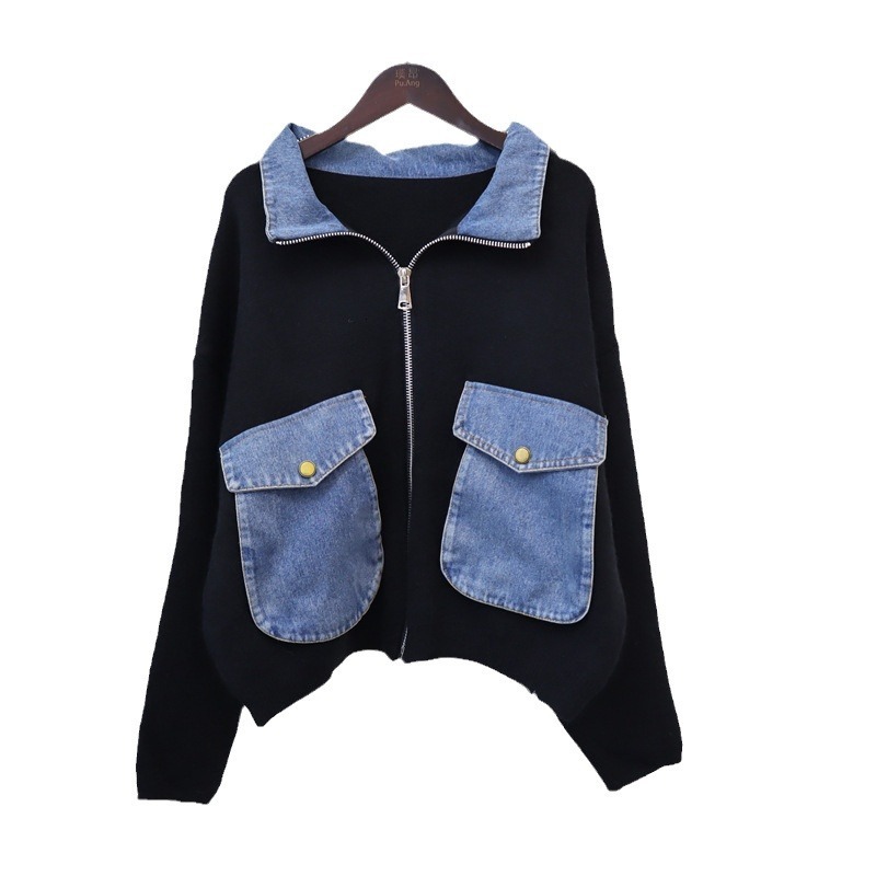 Cowboy patchwork knitted cardigan 2024 autumn winter new item, with collar design and a zipper sweater jacket for women's fashion