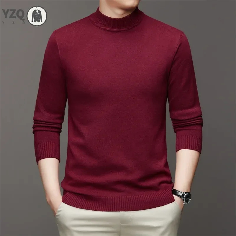Mens semi high neck long sleeved solid color sweater soft warm and comfortable with a base at the top 240821