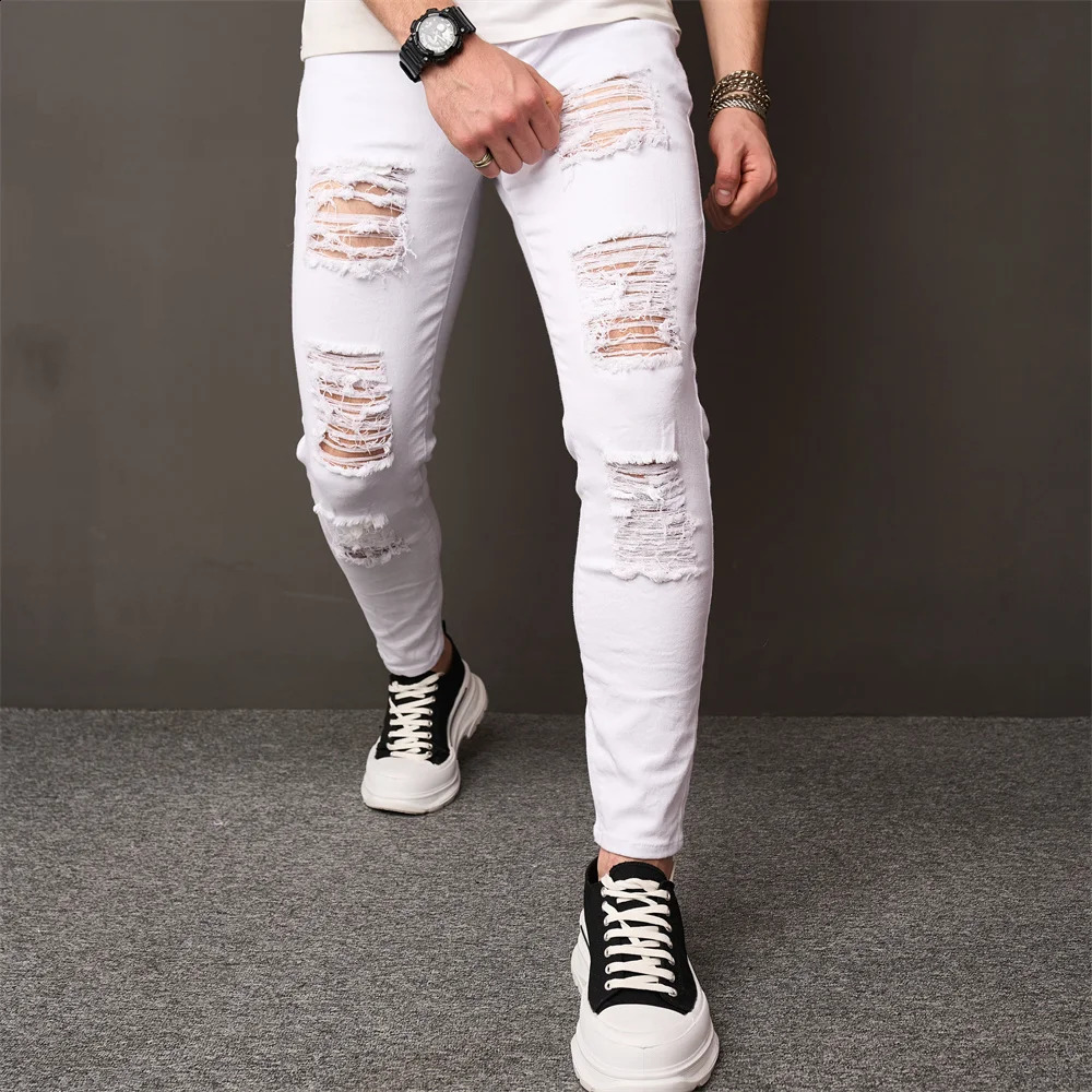 Streetwear Holes Skinny Jeans Stylish Men Stretch Slim Trousers Distressed Ripped Solid Male Casual Pencil Denim Pants 240821