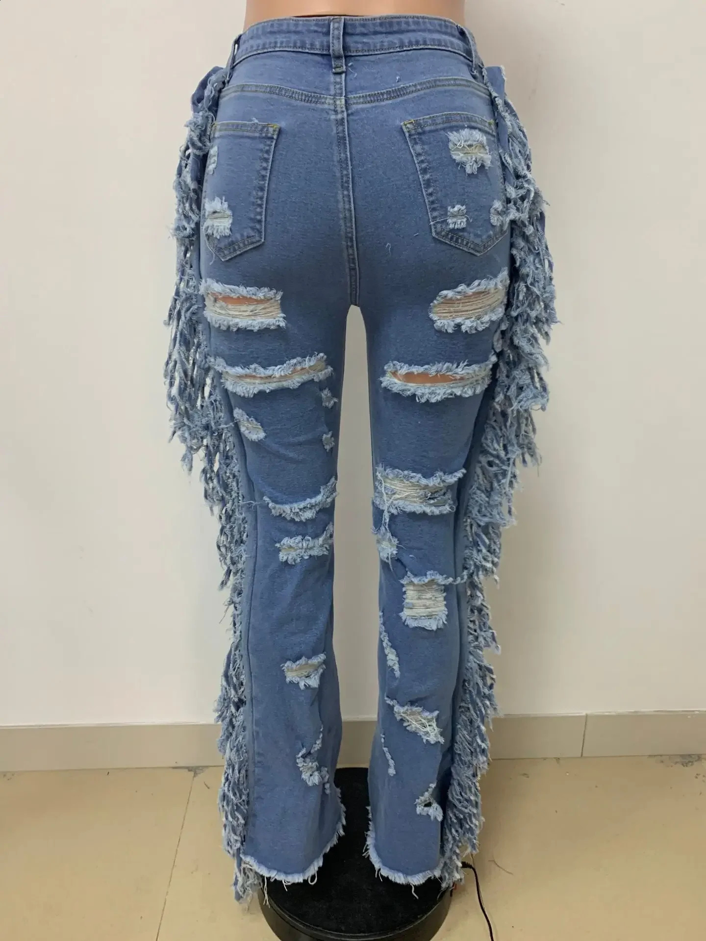 CM.YAYA Women Jeans Mid Waist Zipper Fly Ripped Full Length Flare Pants Female Fashion High Street Jeans Summer Trousers 240821