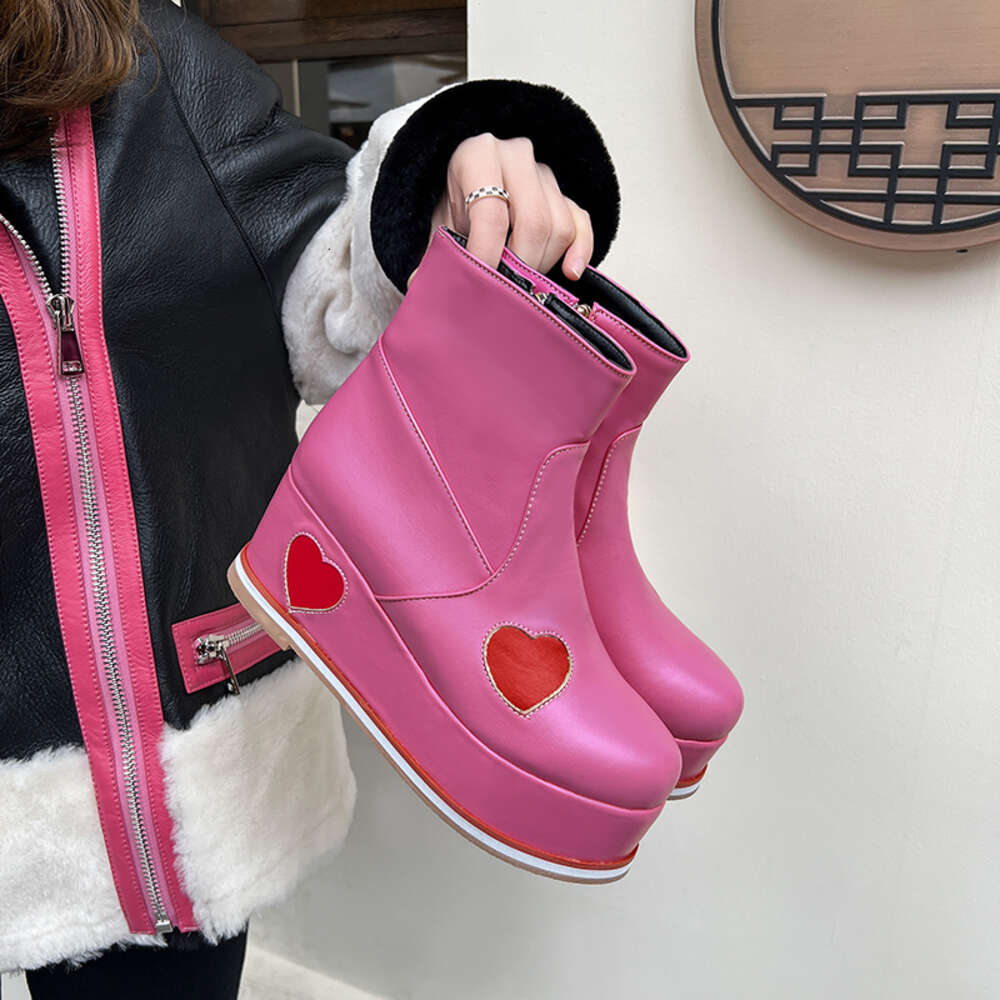 Women Platform Chunky Ankle Boots - Round Toe Zipper Wedges High Heels Sweet Lolita Heart Shape Thick Sole Goth Booties Dropship