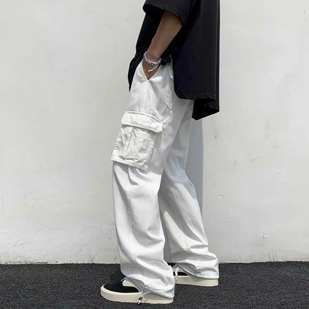 Mens cargo pants straight with multiple pockets solid color brushed elastic waist work and leisure 240821
