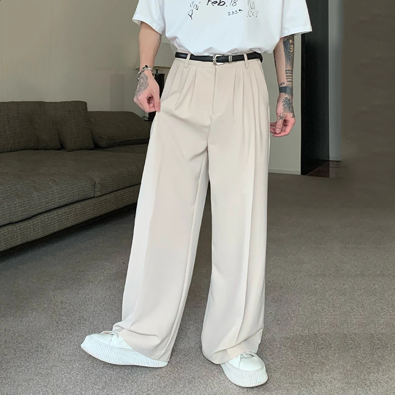 IEFB Korean Style Chic Drape Straight Suit Pants Men Loose Simple Solid Color Wide Leg Casual Floor Mop Trousers Autumn 9C6900 240820