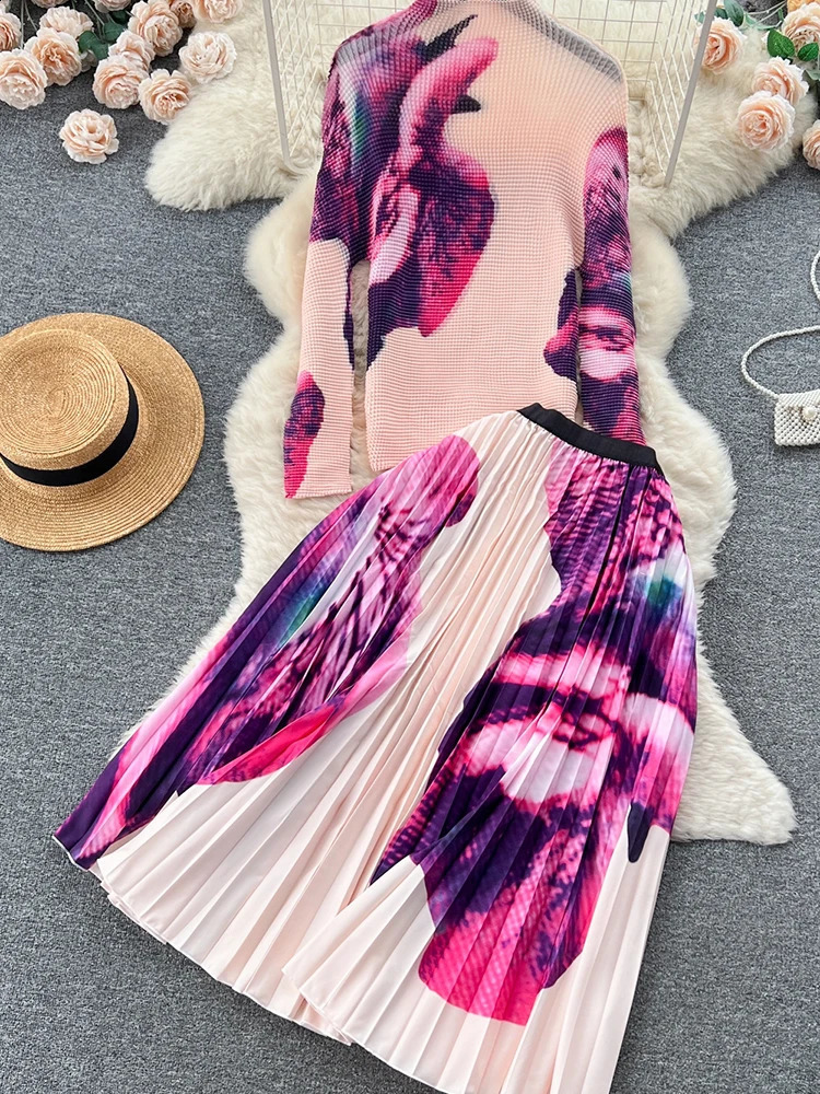 XFPV Womens Print Elastic Slim Pleated Top High Waist Pleated Half Skirt Two Piece Set Korean Fashion Spring Autumn 240820