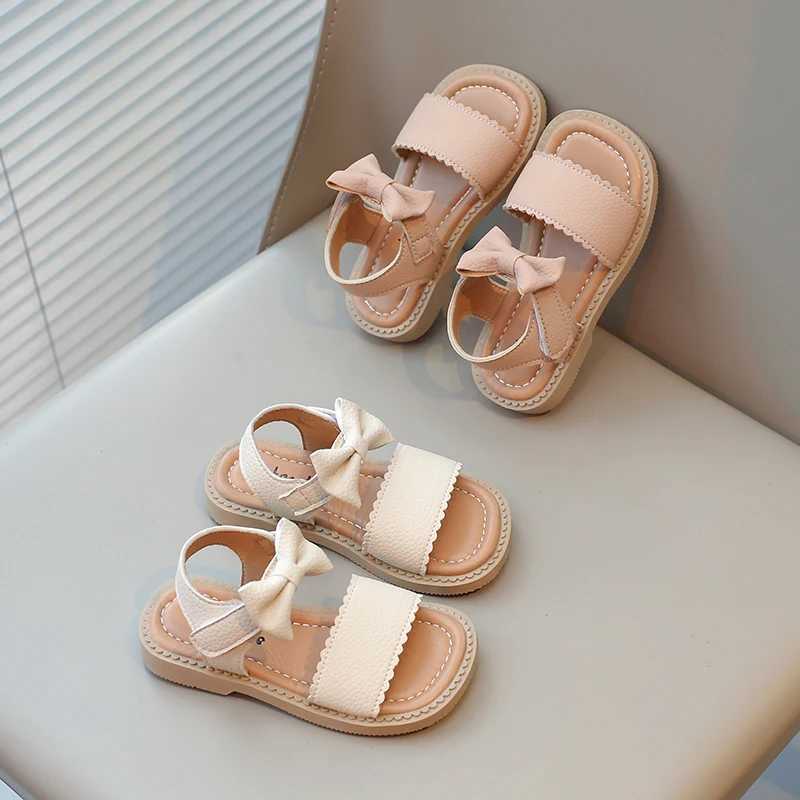 Baby Girl Summer Solid Color Bow Princess Square Head Childrens Beach Leisure Comfortable Sandals Childrens Elegant Student Flat Bottom W240821