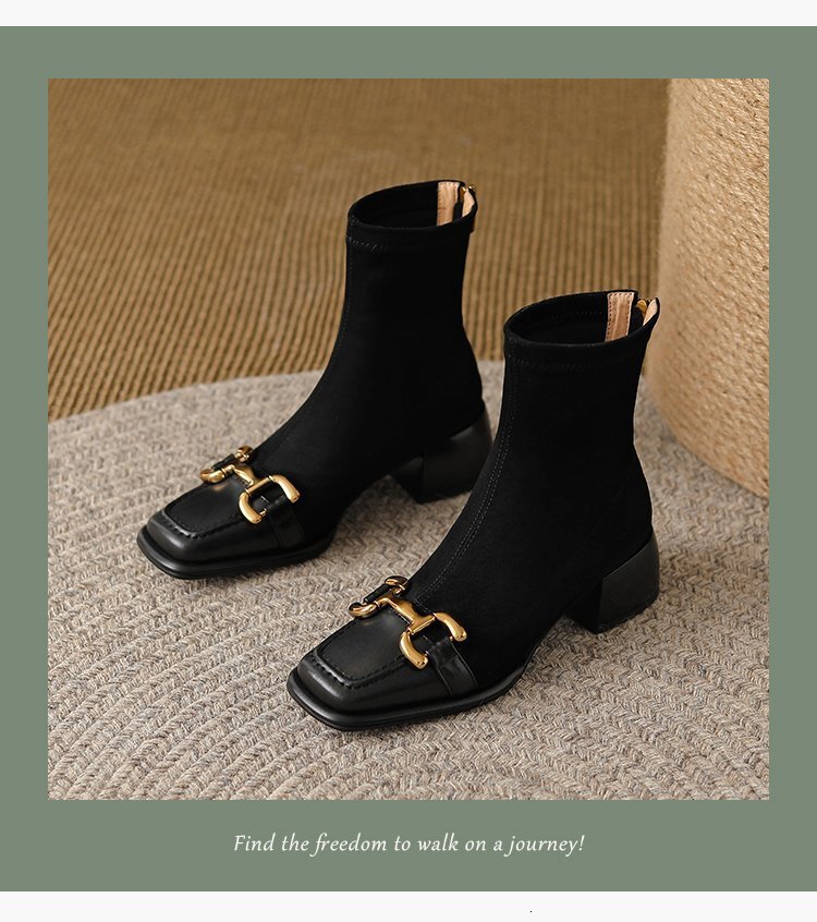 Ddmysports Fengma Style Buckle Square Toe Low Heel Slim Boots Autumn New Elastic Suede Zipper Short OUTDOOR