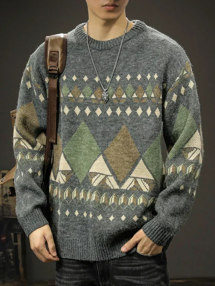 Knit Sweater Male Round Collar Mens Clothing Crewneck Argyle Jacket Coat Pullovers Graphic Aesthetic Meme Neck Order Classic A 240821