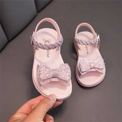 Pearl Diamond Bow Button Girls Silver/Pink Open Toe Sandals Summer Outdoor PU Fashion Sandals for Girls Sizes 26-37 W240821
