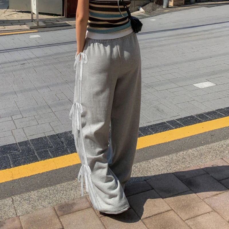 Darlingaga Casual Korean Fashion Autumn Sweatpants Women Lace Spliced TieUp Bow Straight Sweet Trousers Pants Prepyy Style 240821