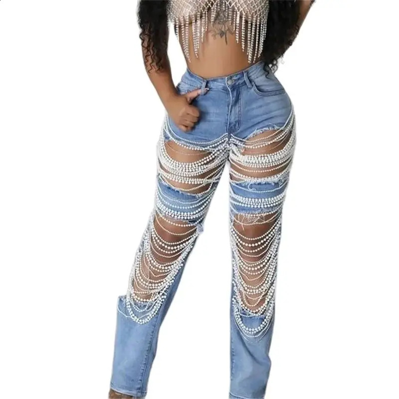 Fashion Beaded Chain Splice Straight Jeans Women Large Broken Holes Hollow Out Denim Pants Female Trousers Trend Streetwear 240821