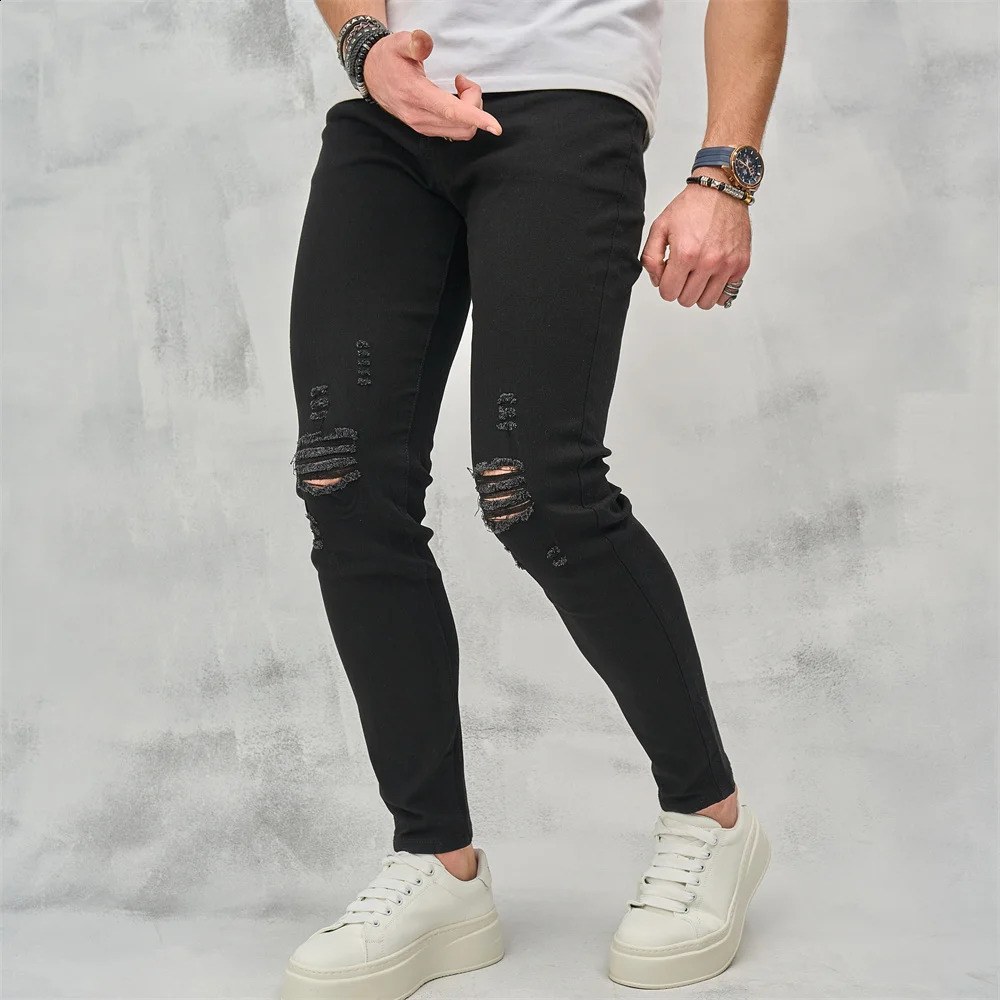 Men High Street Ripped Hip Hop Stylish Skinny Jeans Male Trousers High Quality Holes Casual Cotton Pencil Denim Pants 240821