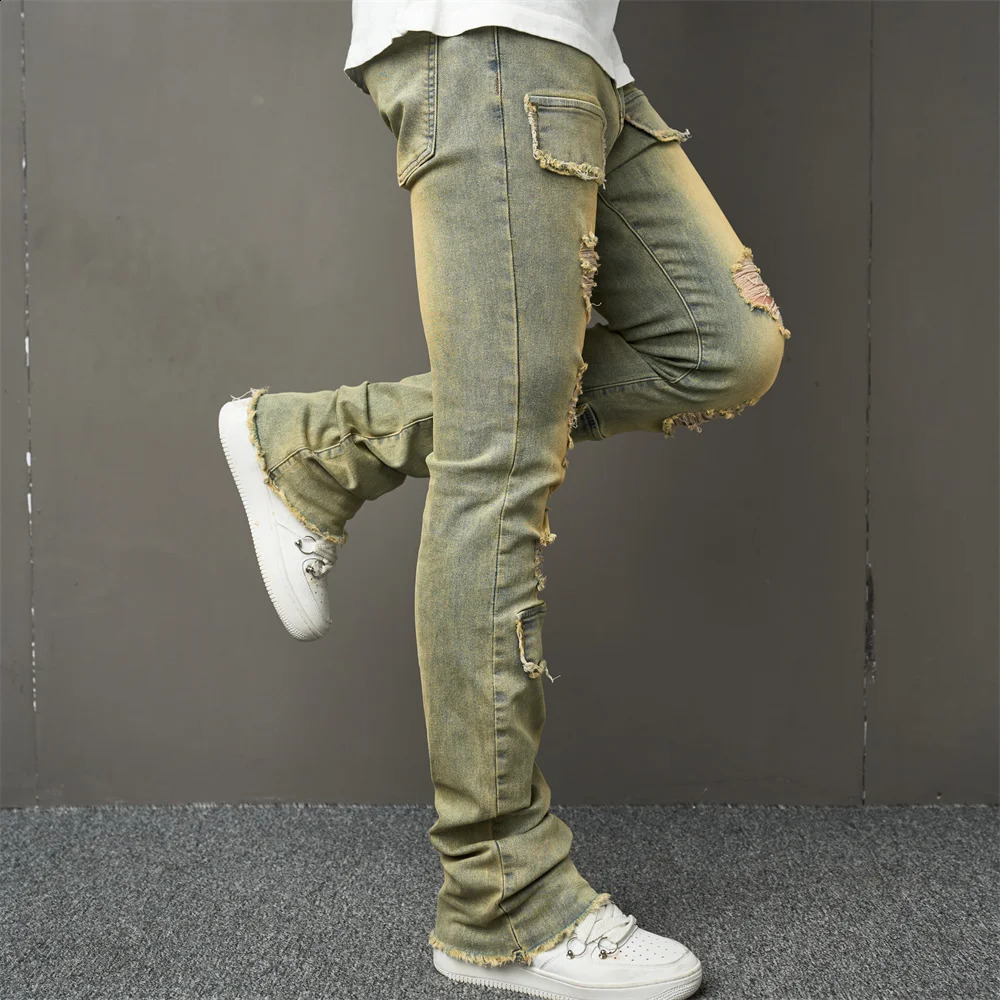Vintage Style Men Streetwear Holes Spliced Slim Jeans Trousers Hip hop Stylish Distressed Stretch Denim Pants For Male 240821