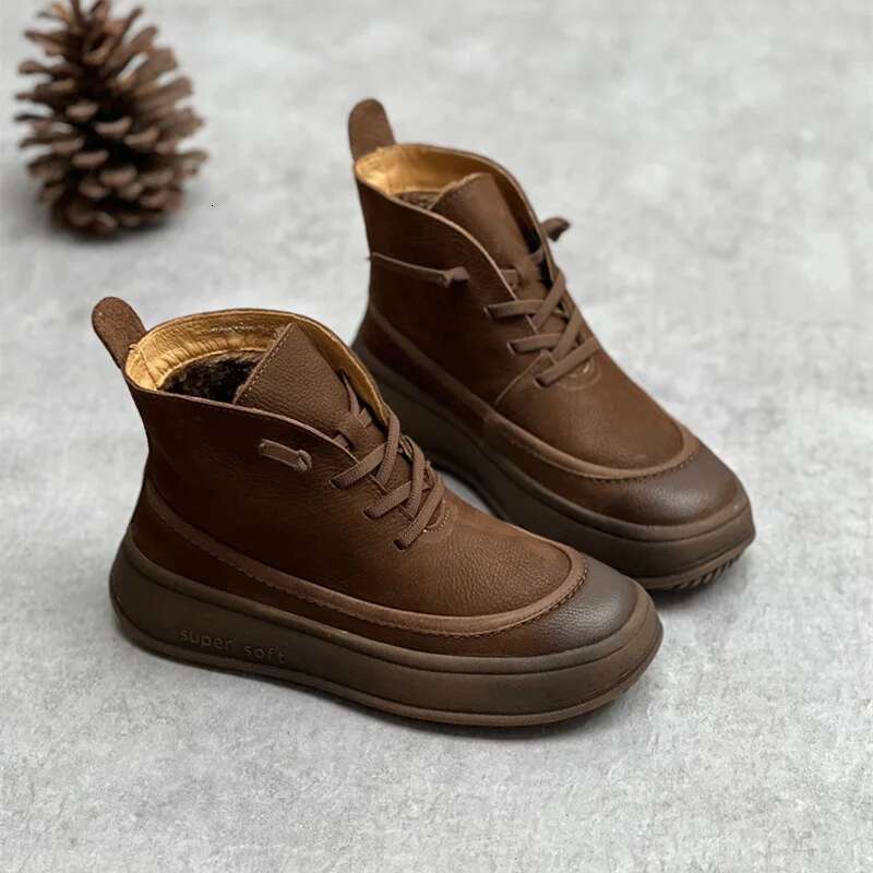 Platform Frosted Cow Vintage Women Leather Women's Shoes Thick Bottom Brown Ankle Boots Plush Warm Snow Boots