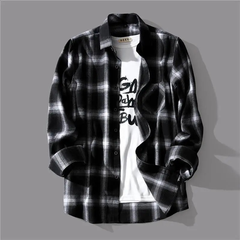 Cotton black and white checkered mens shirt Korean spring loose casual single-layer long sleeved top 240821
