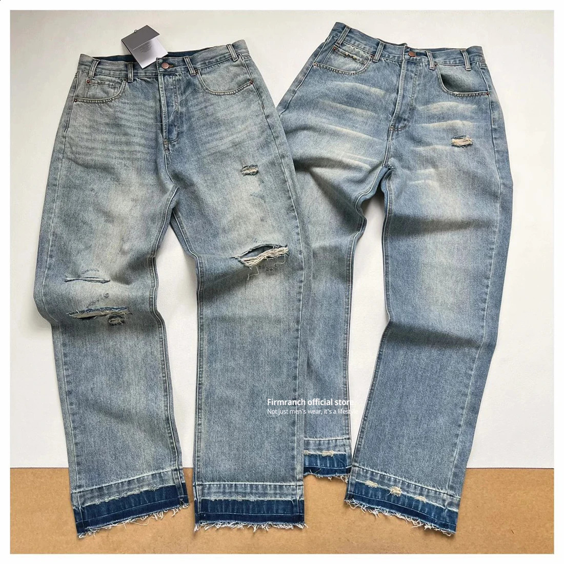 Firmranch Top Wash Blue Ripped Jeans For Men Women Straight Denim Pants Cats Whisker Streetwear Trousers 240821