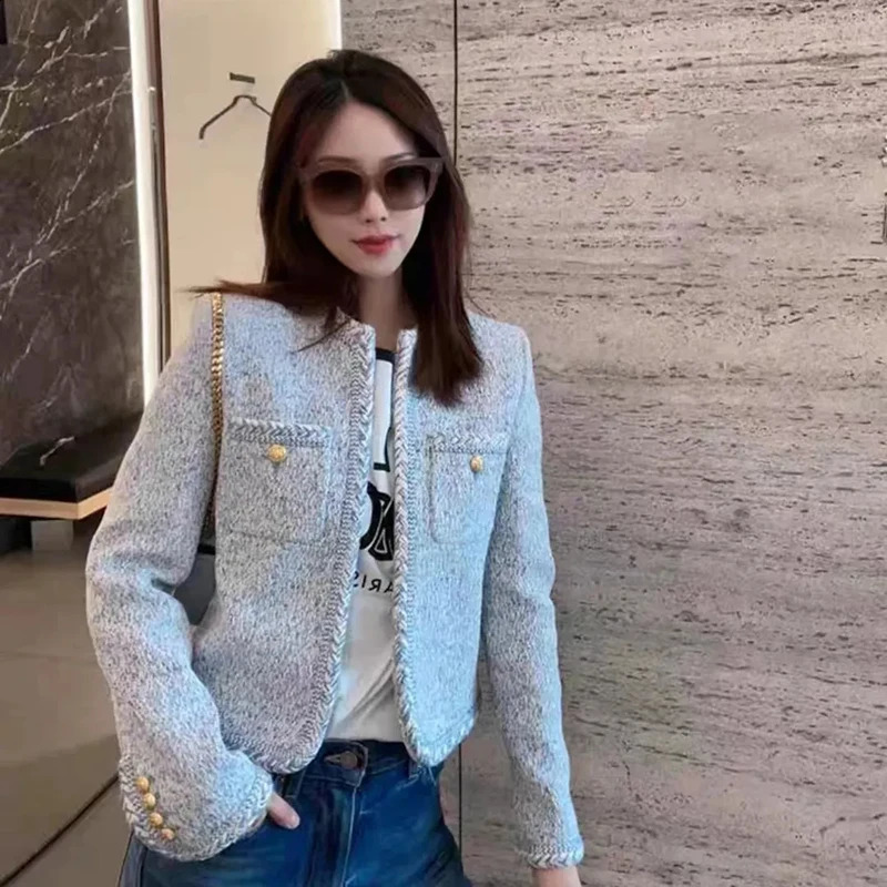 Zoki Sweet French Elegant Tweed Jacket Women Casual Long Sleeve Coat Fashion O Neck Female Outwear Tops Fall Winter 240821
