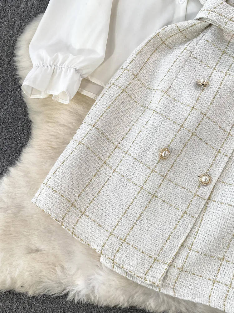 XFPV Womens Sweet Strap Wind Waist Wrapping Tweed A-line Dress Two Piece Set Bow Shirt Fashion Spring Summer SM11386 240820