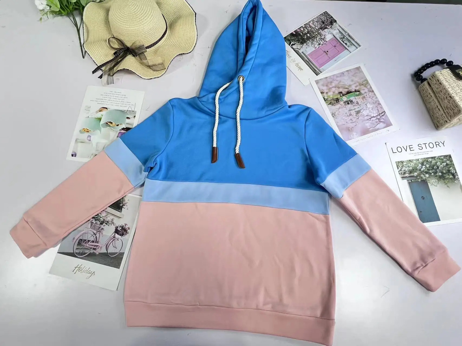 Womens sports shirt autumn and winter solid color stitching casual high neck hooded crossover womens 240821