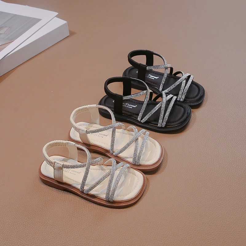 Beige/Black Girls Sandals with Buckle and Open Toes Anti slip sequins Summer PU Outdoor Girls Sandals Zapatillas Mujer W240821