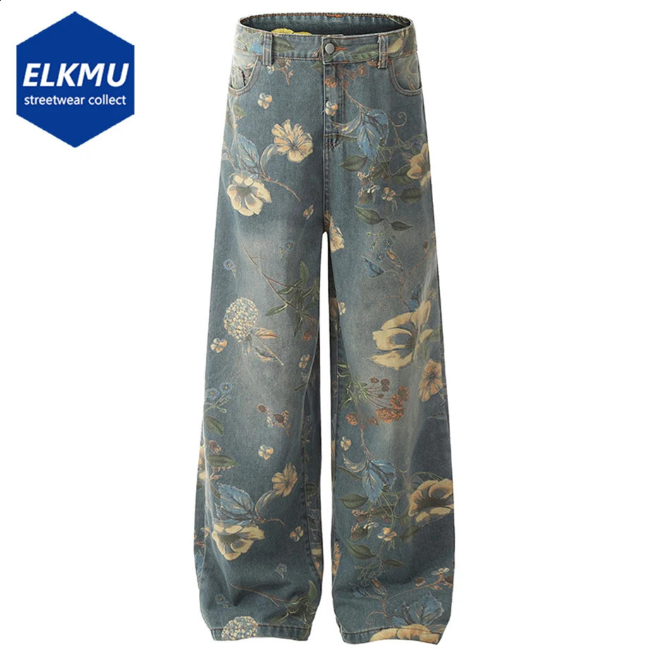 Flower Printed Baggy Jeans Vintage Blue Loose Straight Denim Pants Men Streetwear Harajuku Hip Hop Oversized Jeans Trousers 240821