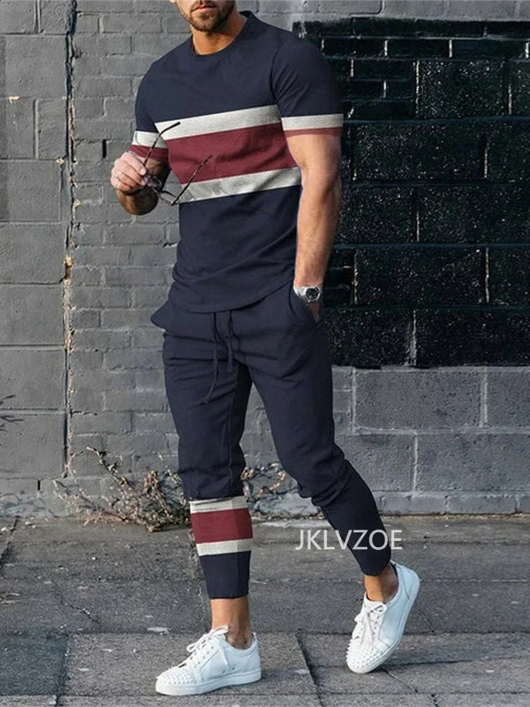 Mens Tracksuit Printed Sportswear Summer Short Sleeved T-shirt Trousers Suit Casual Joogers 2 Piece Sport Tshirts Long Pant Set 240821