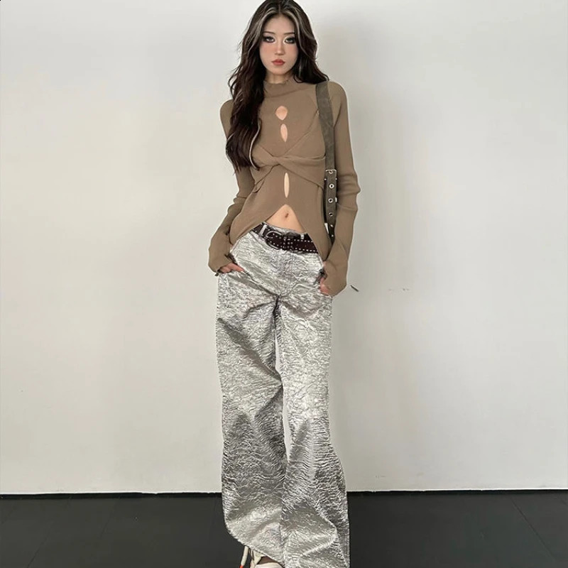 Deeptown Y2k Black Cut Womens Knitted Sweater Hollow Half High Collar Pulled Korean Fashion Ultra Thin Autumn Retro Gyaru 240821