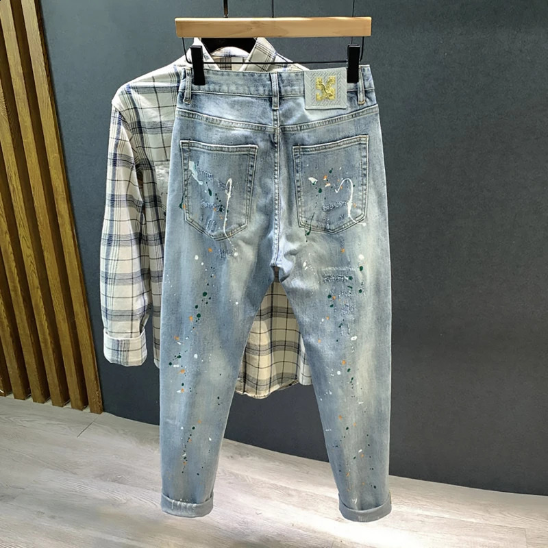 Streetwear Jeans Mens Spray Paint Personality Fashion Slim Elastic Youth Hip-hop Motorcycle Denim Trousers Male Trousers 240821