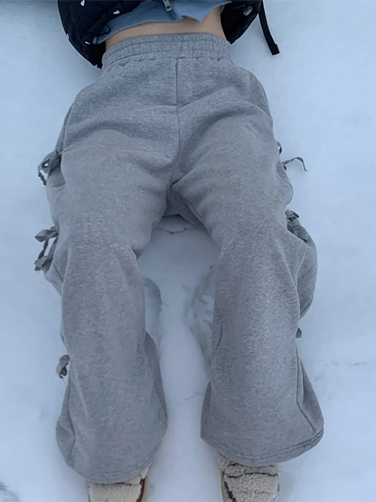 Bow Pants Women Casual Lace Up Elastic Waist Fashion Trousers Female Spring Solid Soft Loose Wide Legs Sweatpants Lady 240821