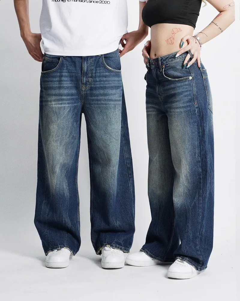 Streetwear Fashion Blue Washed Baggy Jeans Couple Y2K Harajuku Retro Hip Hop Casual Gothic High Waist Wide Leg Pants 240821
