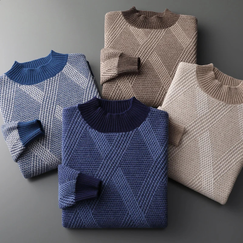 100% pure woolen sweater in autumn and winter mens semi-high collar seat thick sweater loose contrast cashmere knit bottomin 240821
