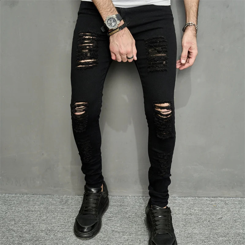 Streetwear Ripped Slim Men Pencil Jeans Pants Stylish Male Hip Hop Stretch Holes Casual Denim Trousers 240821
