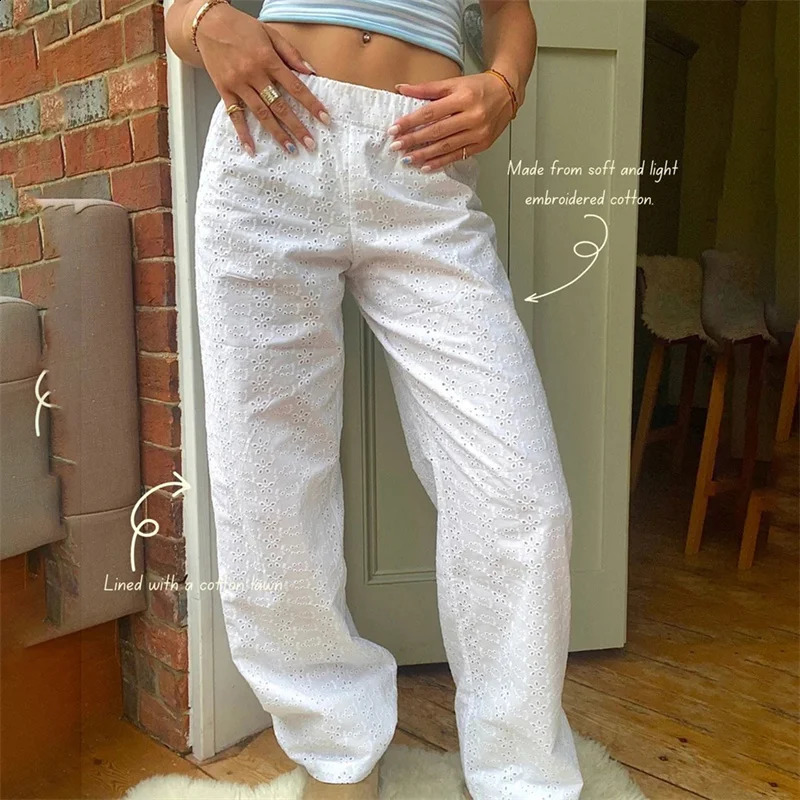 Lamuusaa y2k pants womens aesthetic clothing white hollow lace elastic low waist loose and mens 2000s streetwear 240821