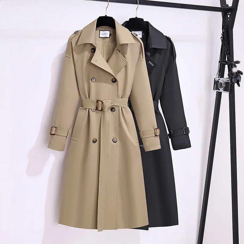 Trench Coat for Women Double Breasted British Coats and Jacket 2023 Winter Clothe Tie Waist Long 240820