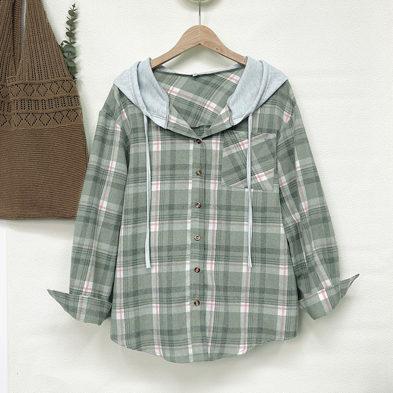 2023 New Autumn/Winter Hooded Colored Single breasted Casual Checkered Shirt Coat Women's