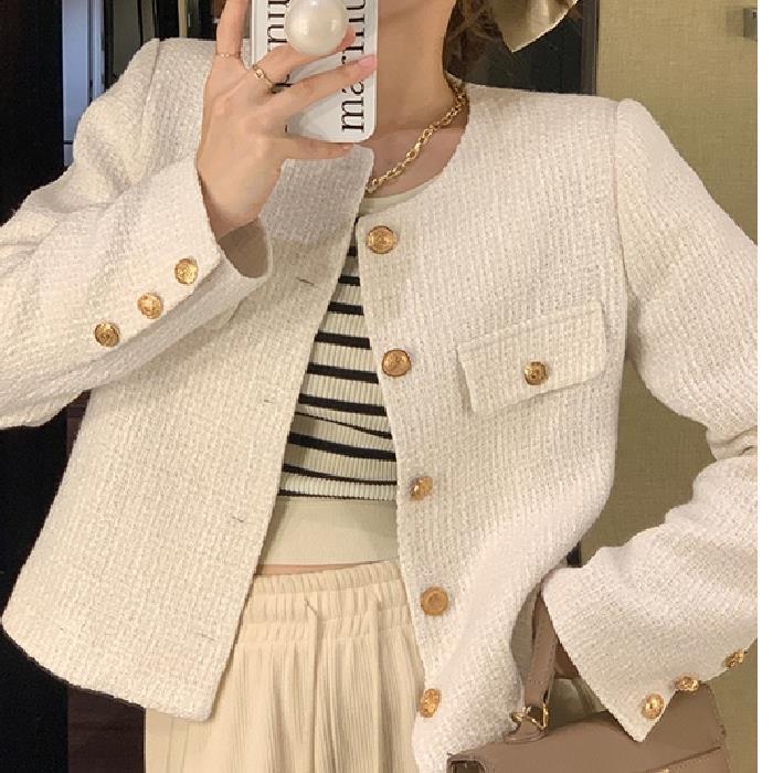 Women's Jackets Chic Tweed Coat Female Elegant O Neck Cropped Jacket Women Spring Fall Luxruy Korean Fashion pocket white Outwear Clothing 231010