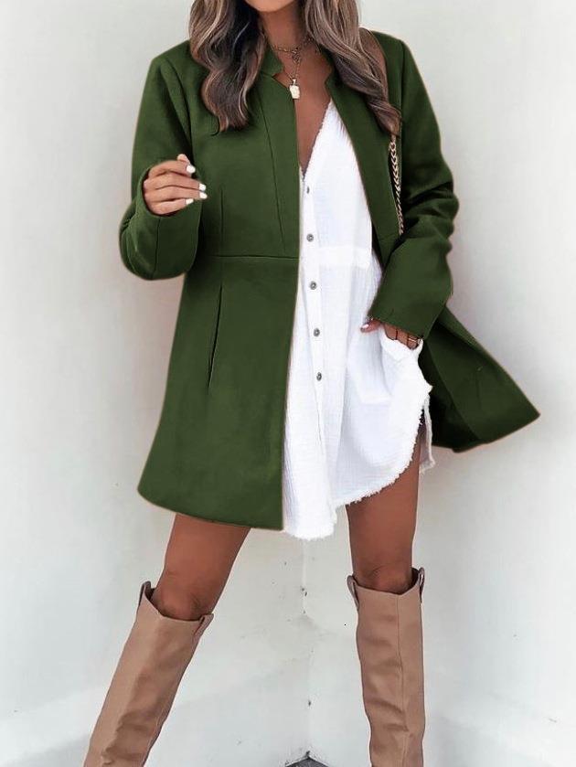 2024 autumn and winter neat color slimming long sleeved pocket woolen women's coat