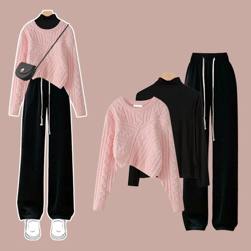 Autumn and Winter Set Womens Korean Knitted Sweater Womens Underlay Casual Pants Three Piece Set Winter Clothes Women 240820