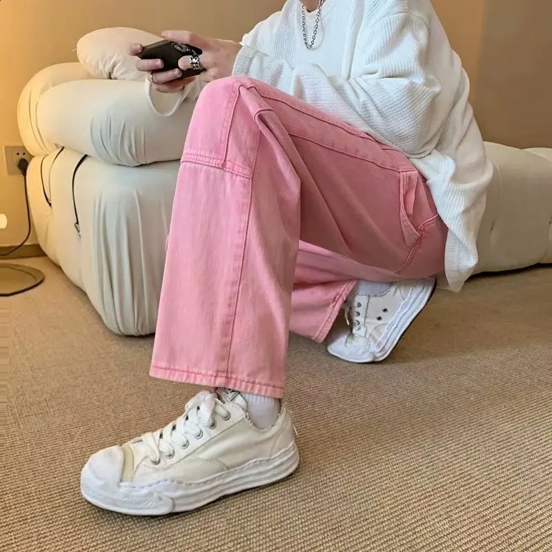 Fashion Pink Baggy Men Cargo Jeans Pants Elegant Straight Casual Women Solid Long Trousers Y2K Clothes Pantalon Homme 240821