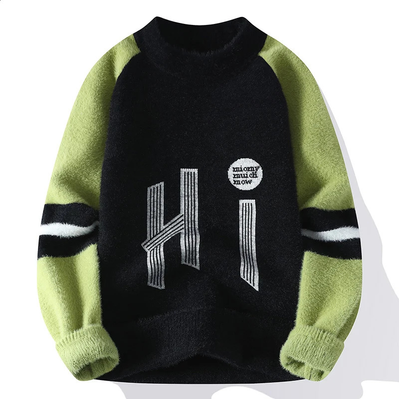 Mens Loose Autumn and Winter Pullover Round Neck Spliced Printed Sweater Fashion Casual Bottom Knitted Long Sleeved Tops 240821