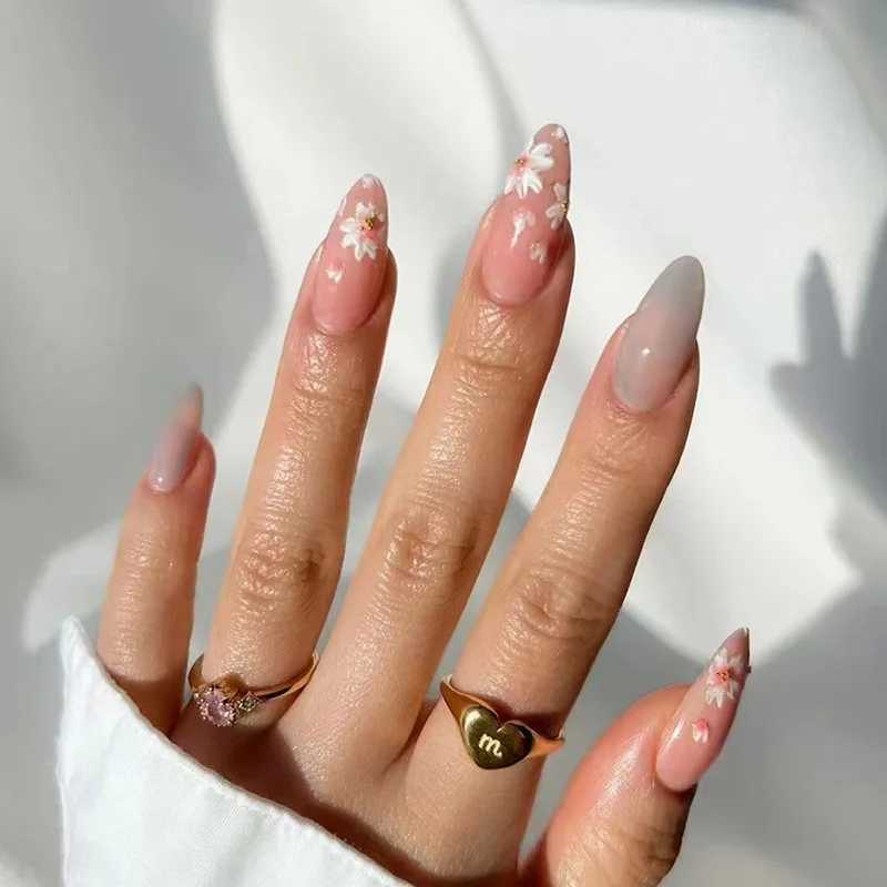 24Pcs Bright Yellow French Round Head False Nails Natural Leaf Design Fake Nails Long Almond Press on Nails Full Cover Nail TipsXJ241025