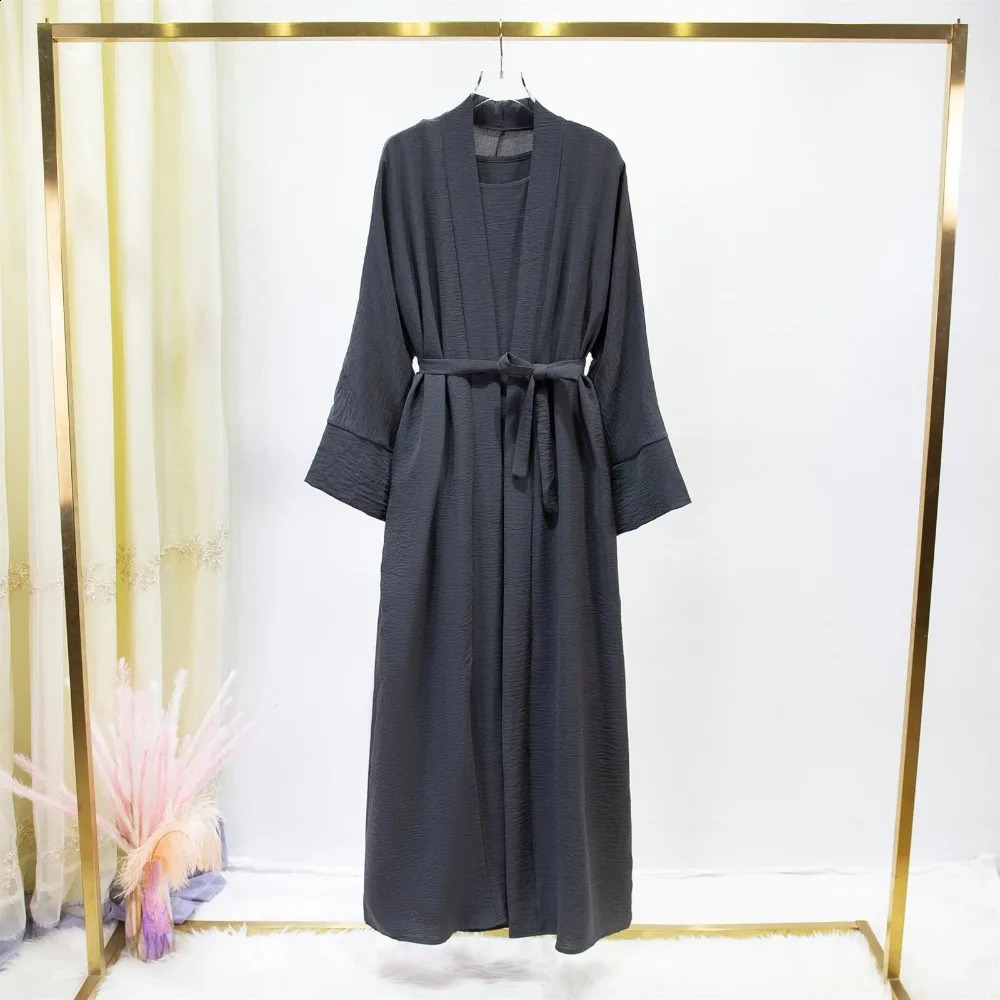 Muslim Sets Muslim Jilbab Two Pieces Women Out Abaya Loose Cardigan Coat Sleeveless Inner Dress Prayer Clothing with Belt 2pics 240821