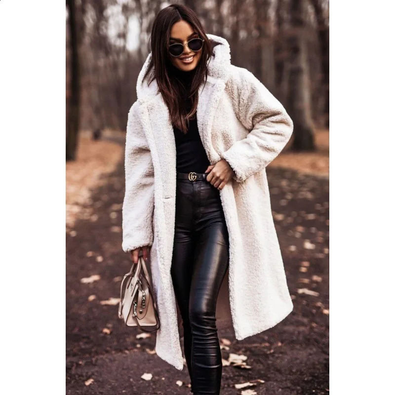 Women Solid Color Long Sleeve Woolen Coat Hooded Winter Autumn Warm Outwear Trench 240820